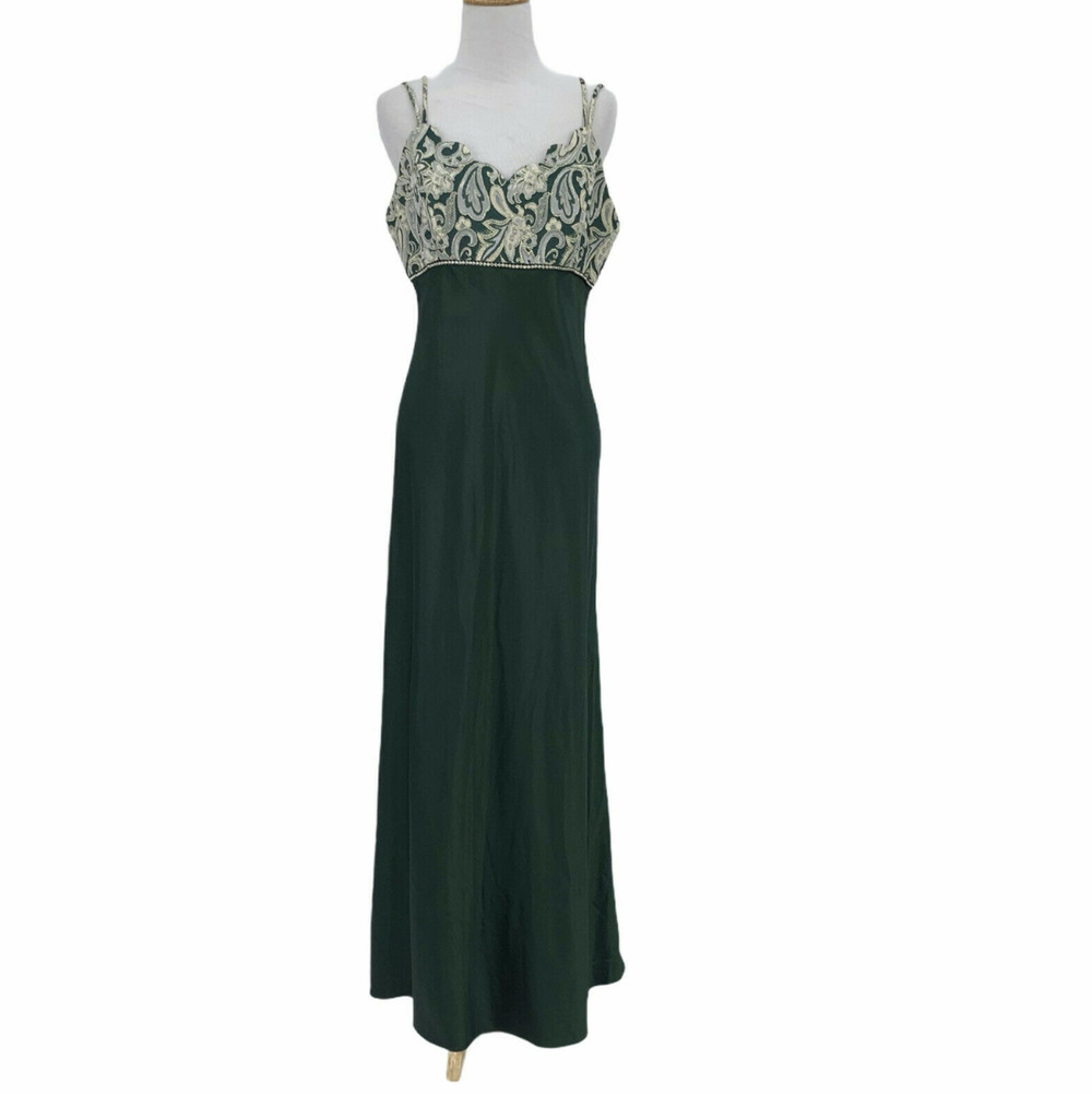Vintage Let's Fashion Satin Metallic Scallop Hem Gown M Medium Straps Maxi Dress